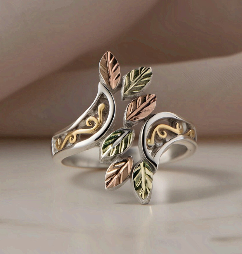 Tri-Color Leaf Surgical Steel Statement Ring
