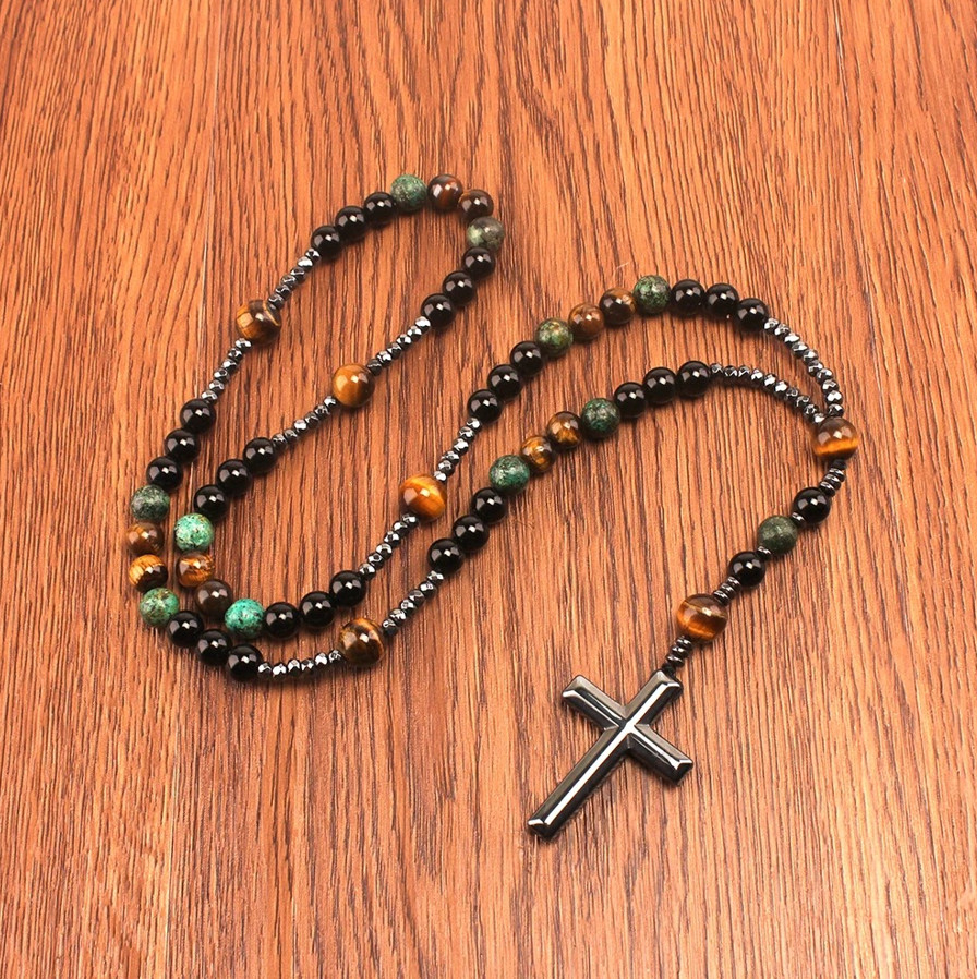 1pc Natural Stone Cross Pendant Necklace African Turquoise Tiger Eye – NEW