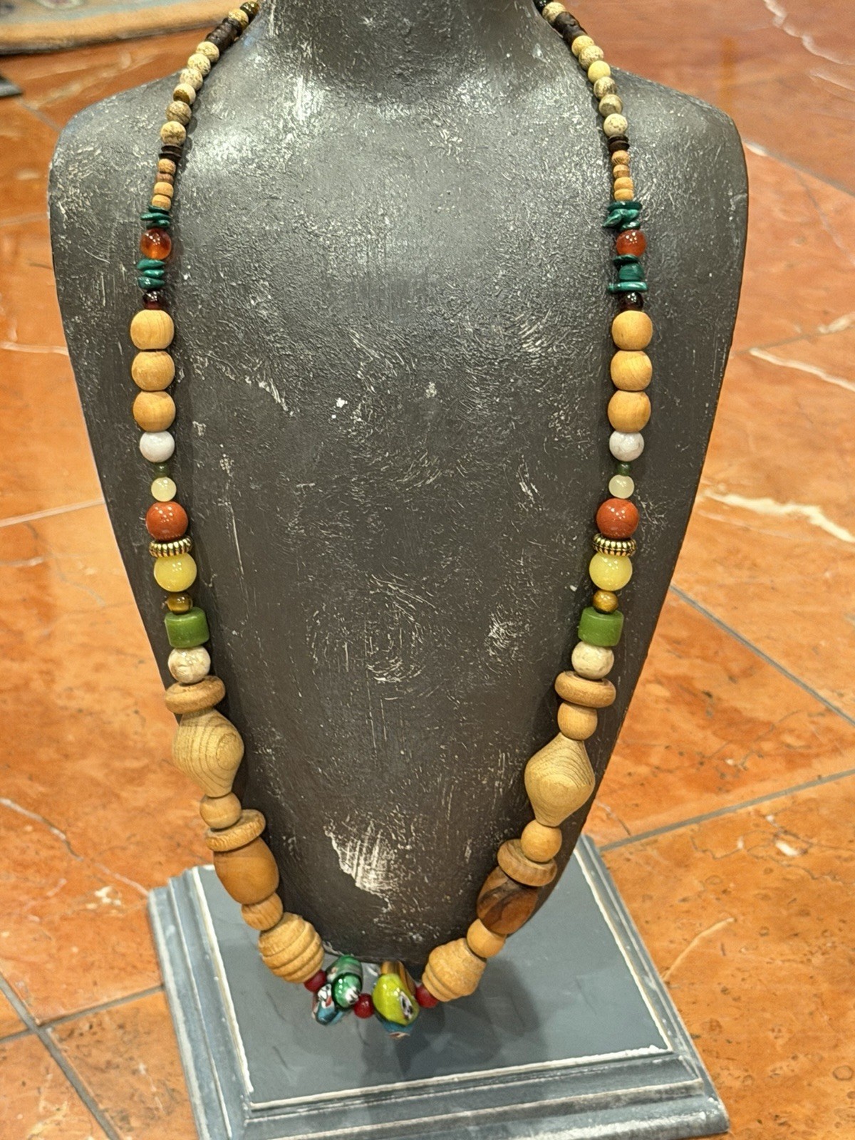 GENUINE WOOD MURANO MILLEFIORI GLASS BEADS CHUNKY STATEMENT 18″ NECKLACE BOHO EU