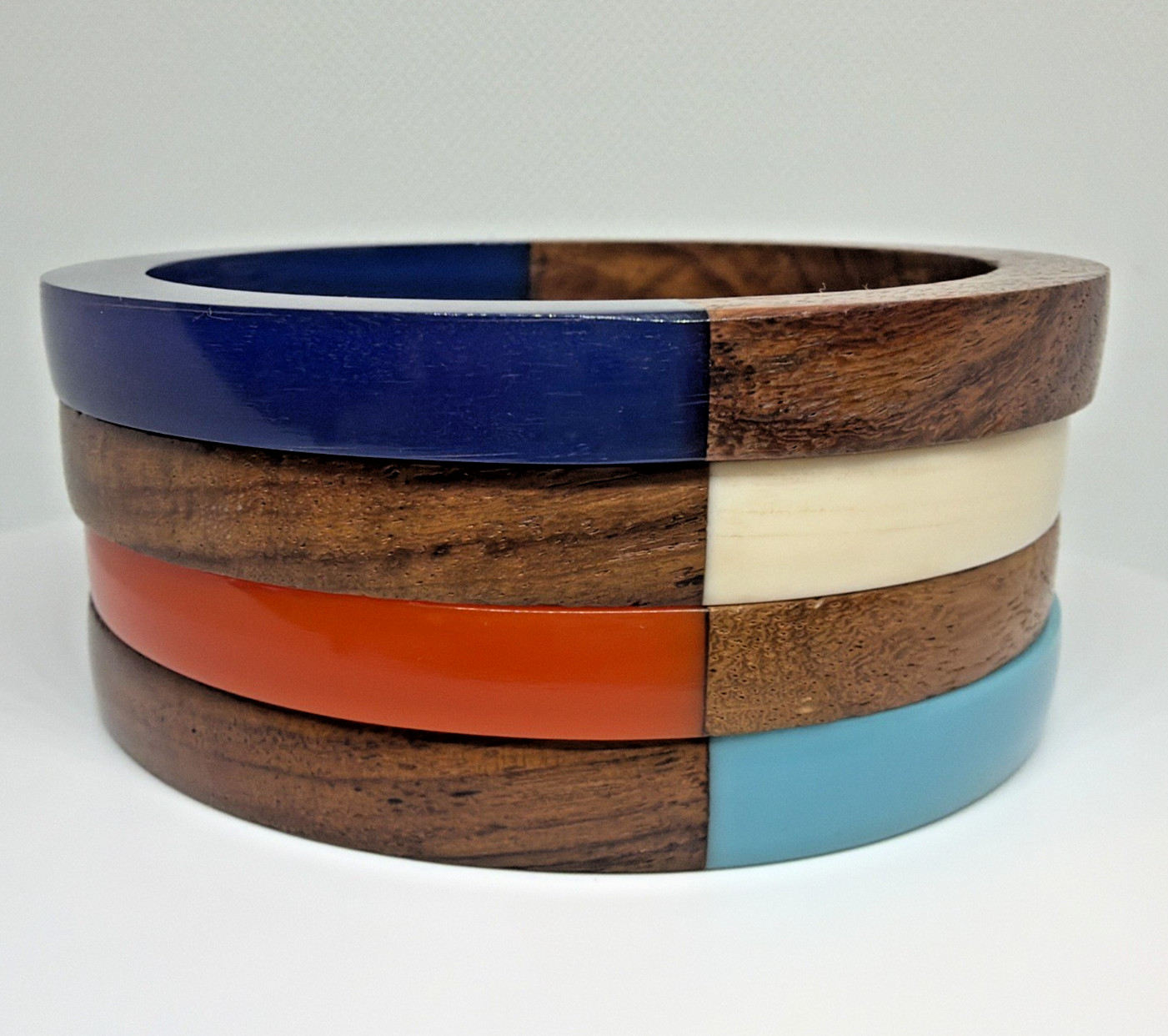 Mod Retro Wood & Resin Bangle Bracelets Stackable Mid-Century Style Set of 4