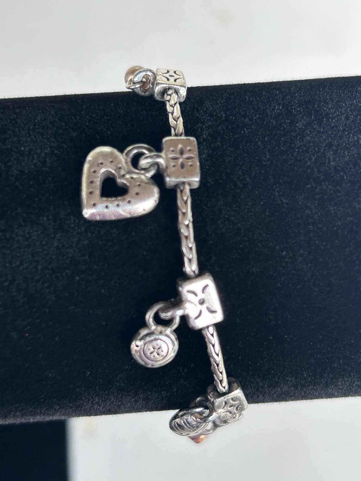 Brighton Amber Heart Retired Vintage Cross Silver Plated Charm Bracelet