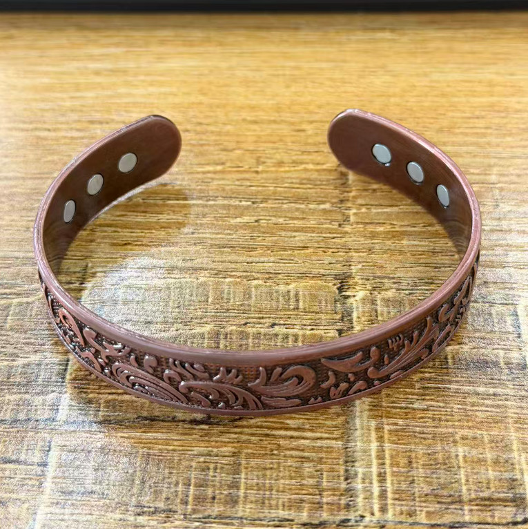 1PCVintage Scroll Engraved Copper Cuff Bracelet 6 Magnet Magnetic Therapy Bangle