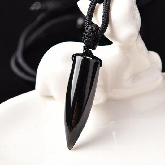 Black Obsidian Bullet Point Pendant Healing Amulet Unisex Men Necklace