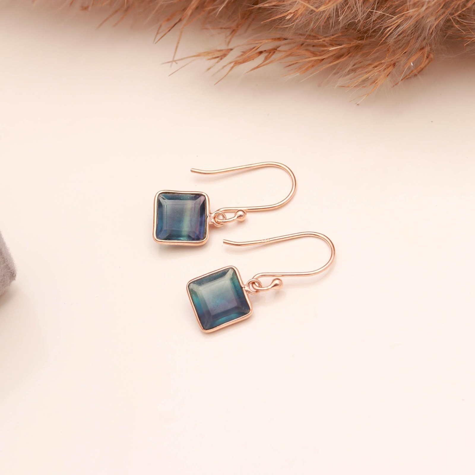 Natural Fluorite Square Dangle Earrings Rose Gold Plated Solid Silver Jewelry