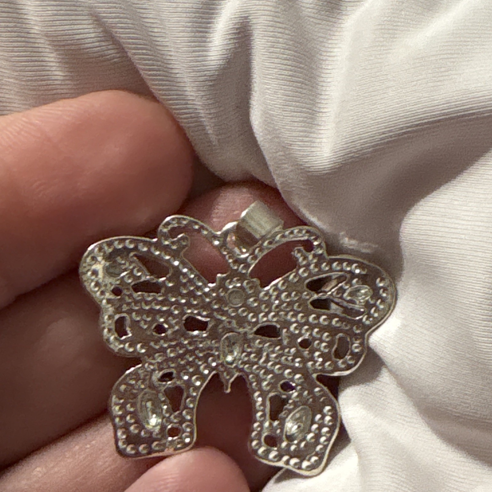 Silver plate Butterfly Charm Pendant, Pink Marquise Crystal, Prong Set, 7 Stone