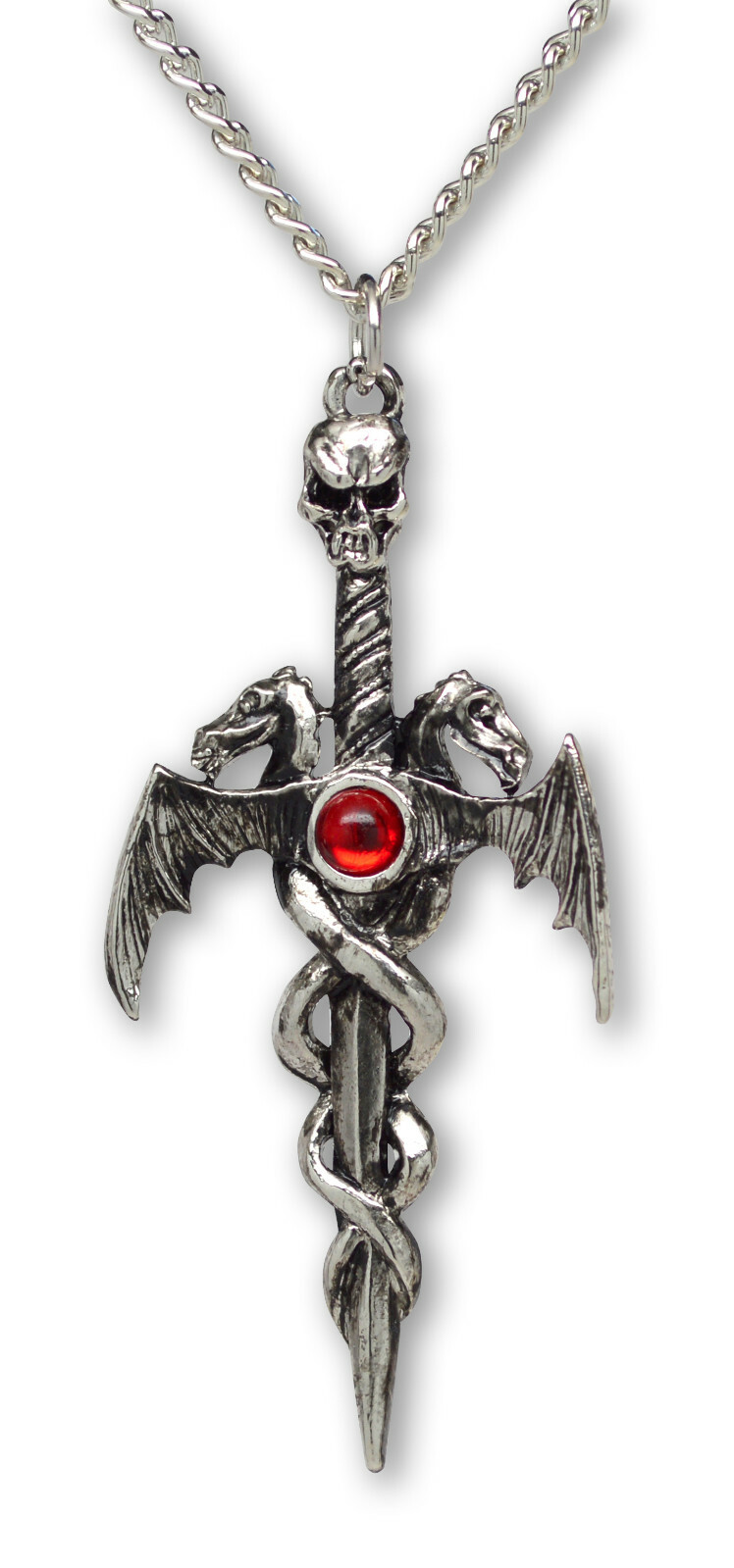 Gothic Skull On Sword with Dragons Silver Finish Pewter Pendant Necklace NK-681