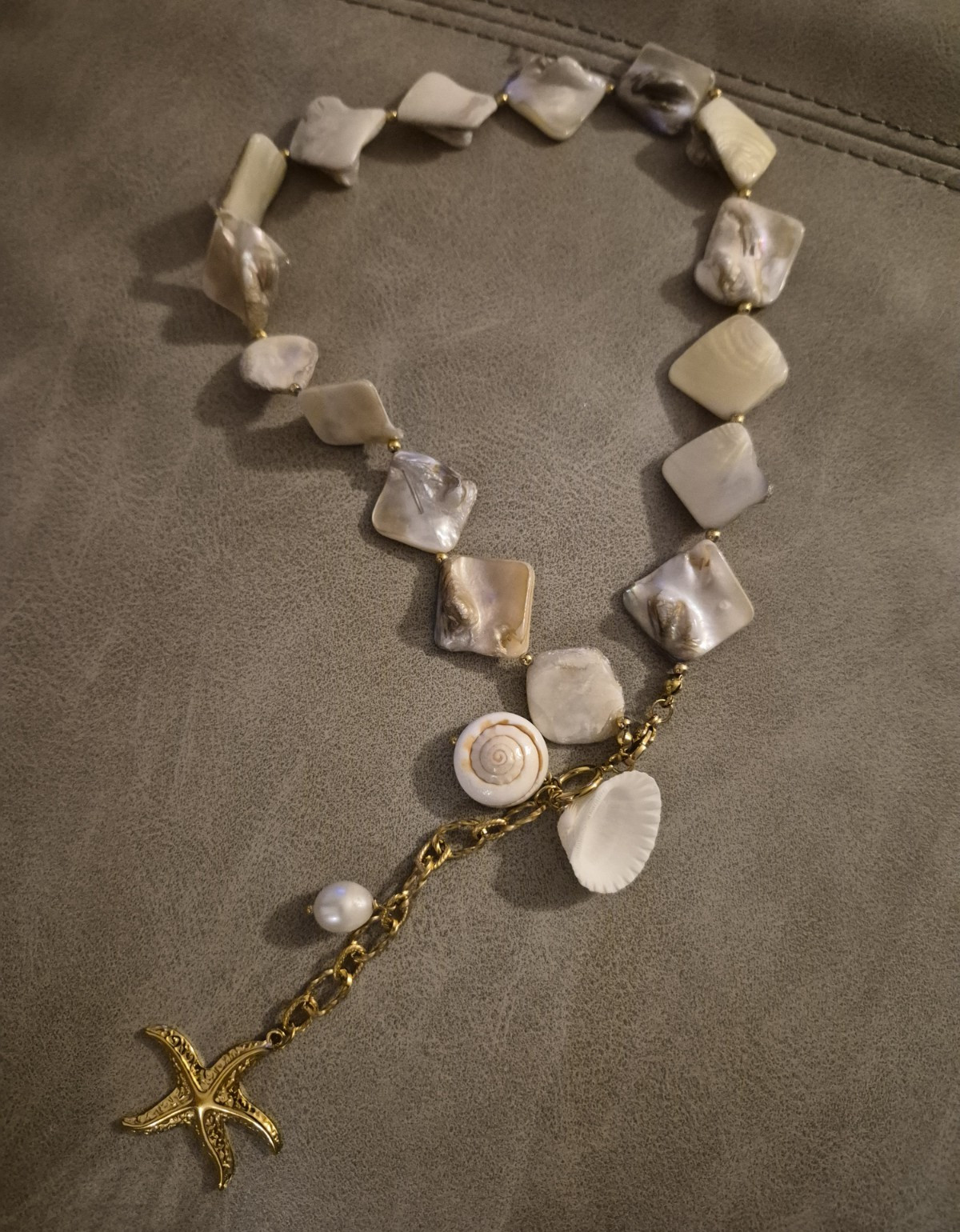Shell & Pearl Beaded Necklace, Gold Tone Cable Chain Starfish Star Charm