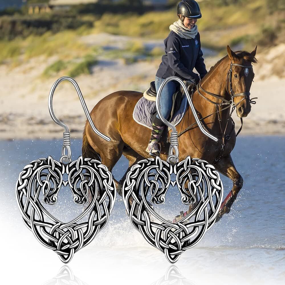 Celtic Knot Heart Horse Necklace Earrings Set Sterling Silver Gifts for Women