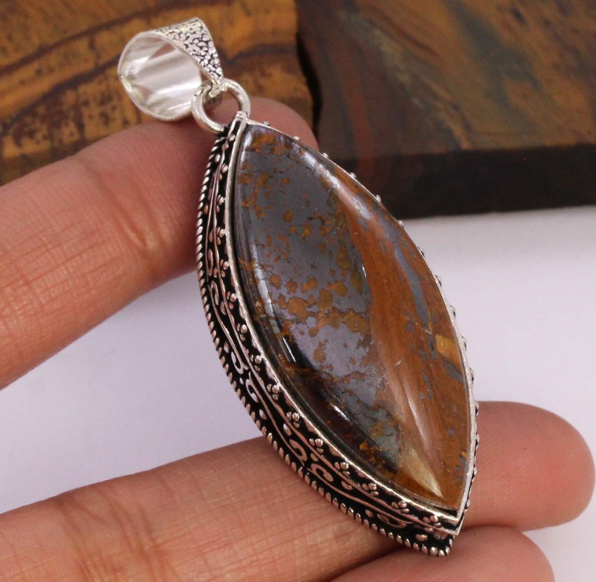Iron Tiger Eye 925 Silver Plated Handmade Pendant of 2.2″