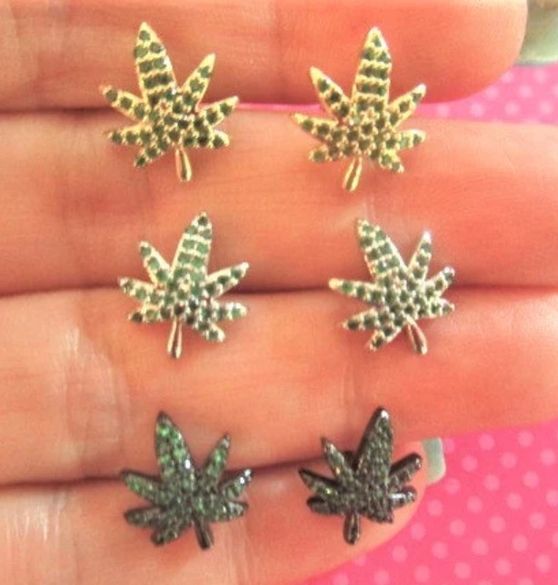 Pot marijuana leaf crystal studs