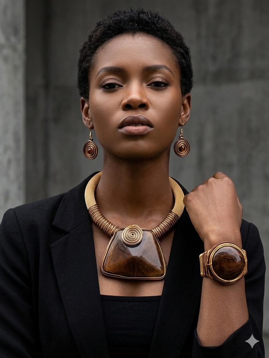 Exquisite 3-Piece Statement Jewelry Set Dark Gold Bohemian Chunky Necklace Set
