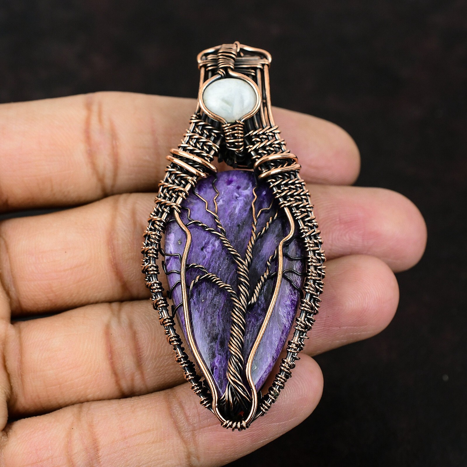 Russian Charoite Copper Sister Gift Wire Wrapped Tree Of Life Pendant 2.95″