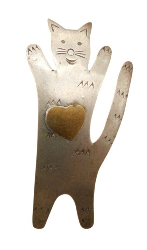 Silver Tone Cat Pin Brooch With Brass Heart Accent 2.25 Inch Not Marked