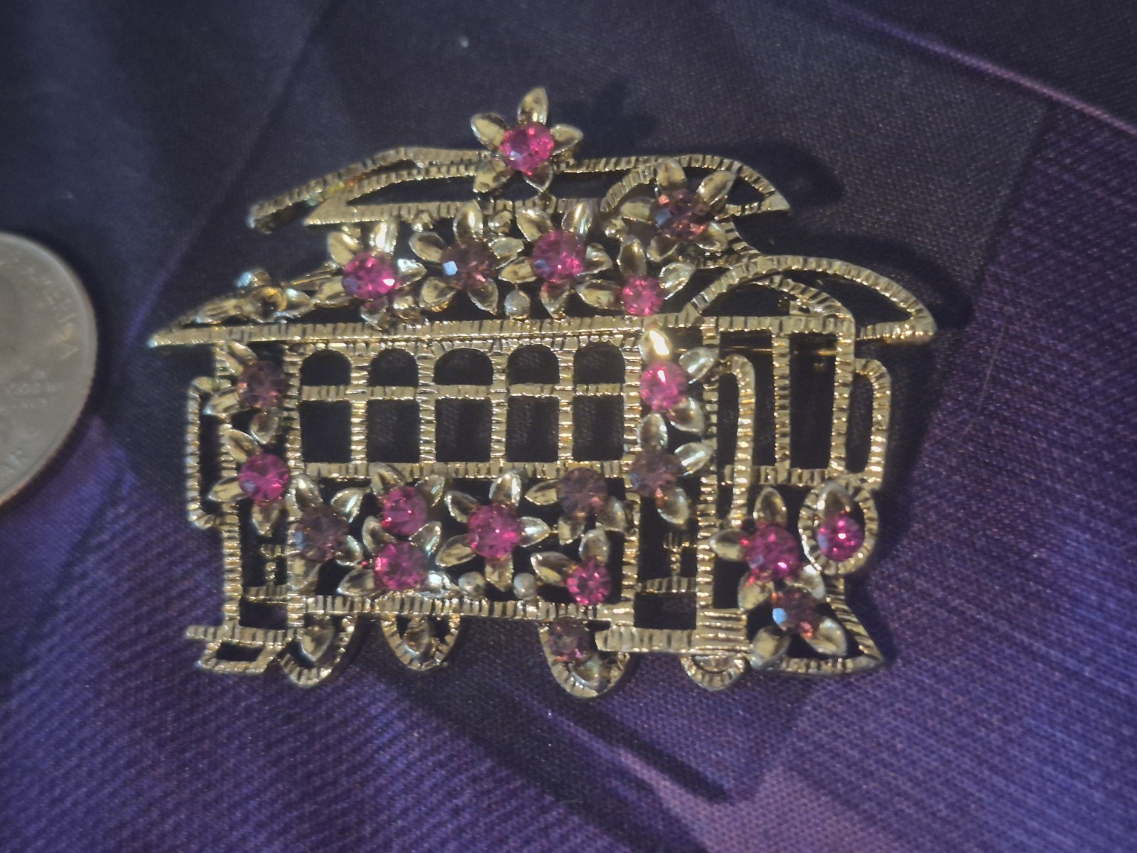 Gold Tone Trolley Brooch Pink Rhinestone Flower Accents Transportation Theme