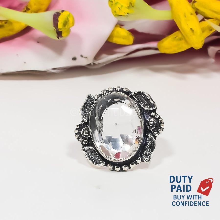 925 Silver White Topaz Unique Mother Statement Handmade Ring Jewelry Size 7.5