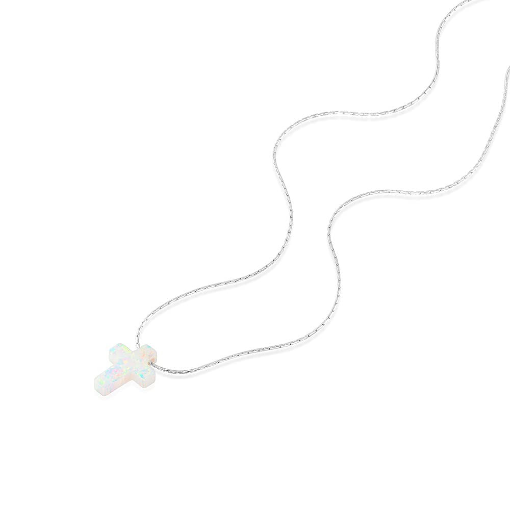 Opal Cross Choker Necklace – Thin Chain, Gold Filled or Silver, Blue or White…