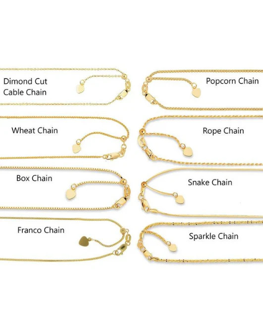 10k Solid Yellow or White Gold Box, Cable, Franco Rope Adjustable Necklace