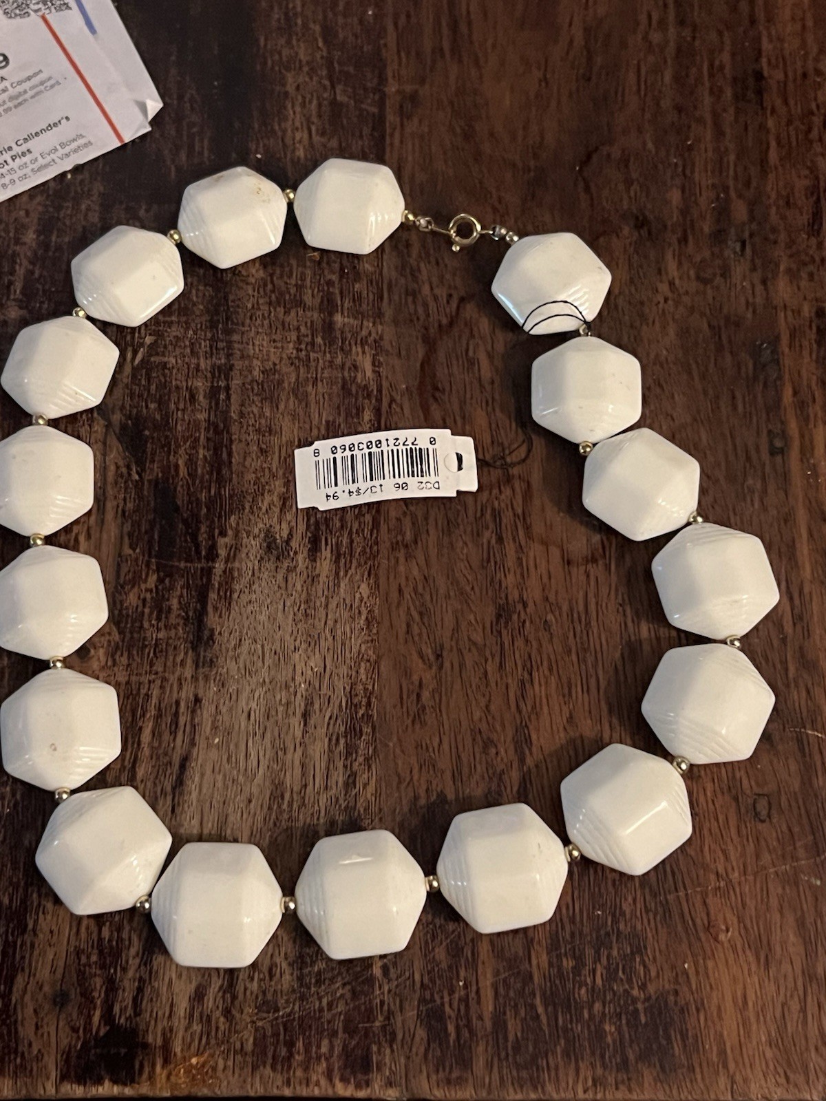 White Hexagon Faceted Plastic Bead Necklace, Spring Ring Clasp Beaded
