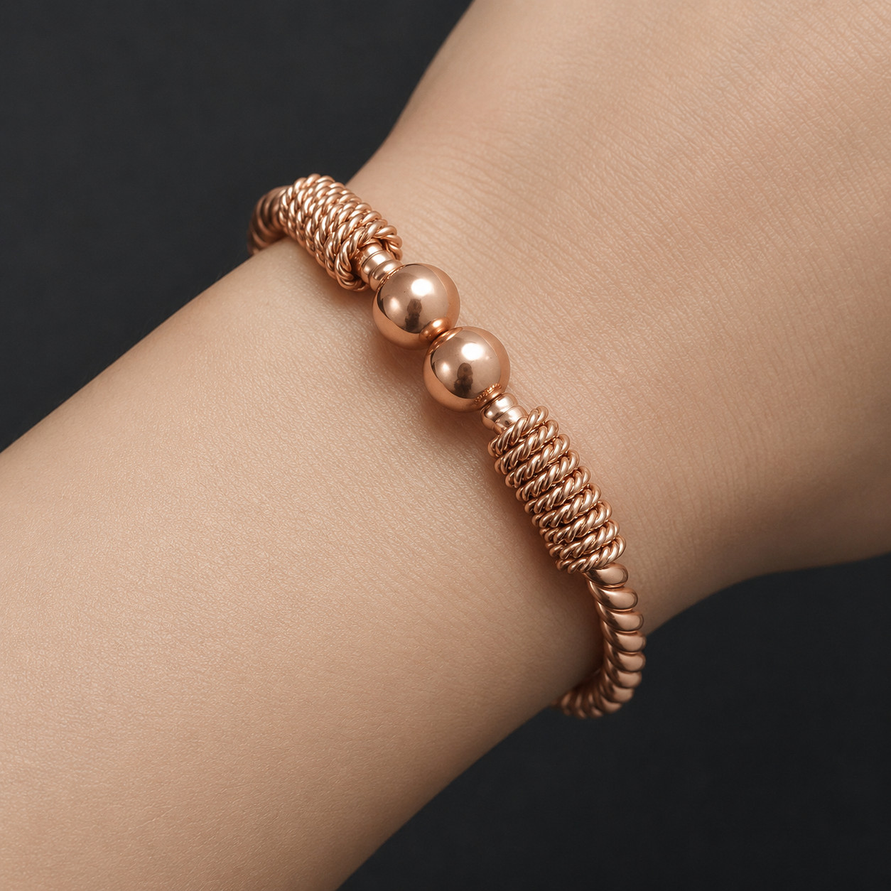 Double Twisted Pure Copper Bracelet with Beads, Sacred Geometry, tensor rings