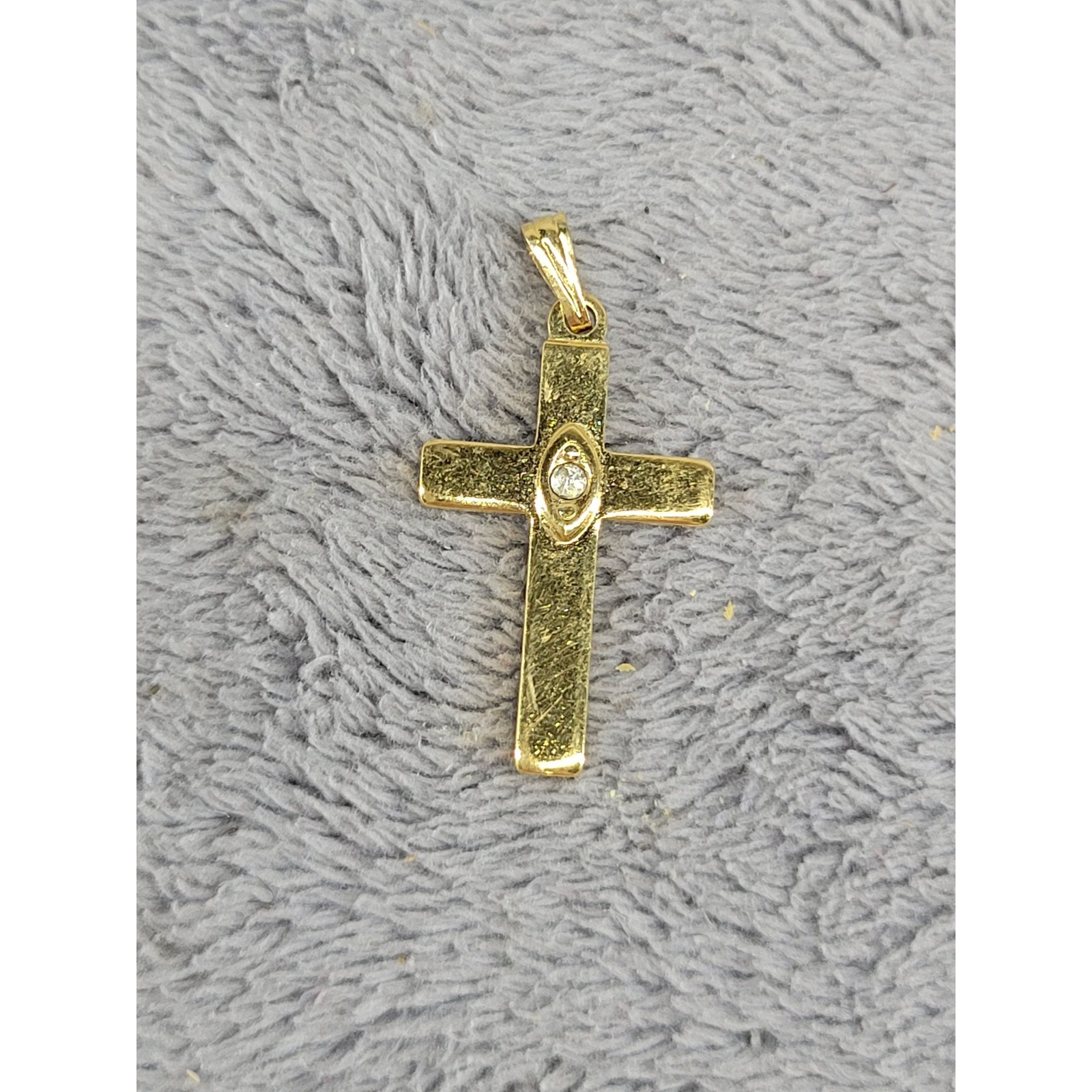 Gold Tone Cross Pendant Charm with Center Clear Stone Religious Jewelry 1.25 In