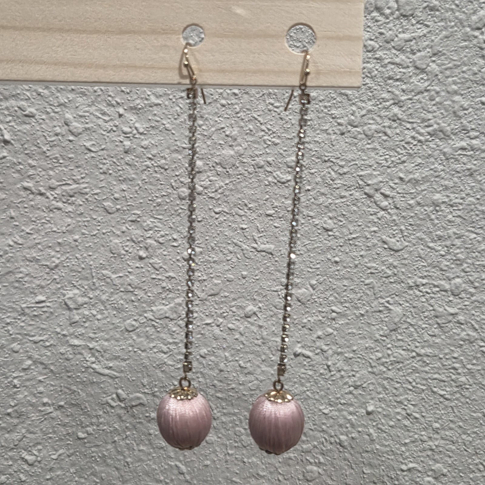 Pink & Silver Thread Round Bead Rhinestone Chain Dangle Hook Earrings 5 in