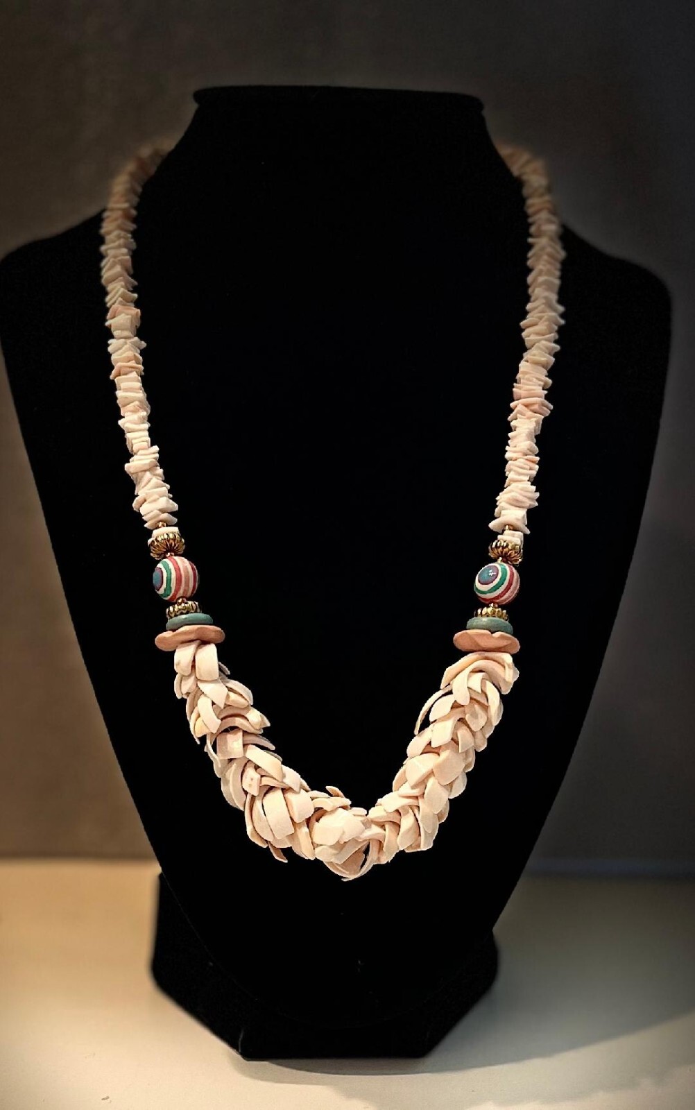 CREAM COLORED POLYMER CLAY NECKLACE W/TWO MULTICOLORED FOCAL BEADS-FREE SHIPPING