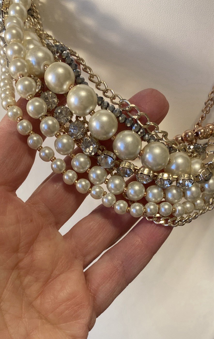 The Loft Vintage 9 Strand Faux Pearl Chain Rhinestone Necklace