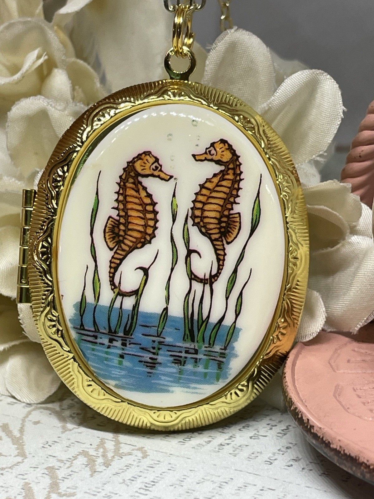 GOLD Locket Necklace Beach Seahorse Sea Horse Wedding Photo Jewelry Birthday