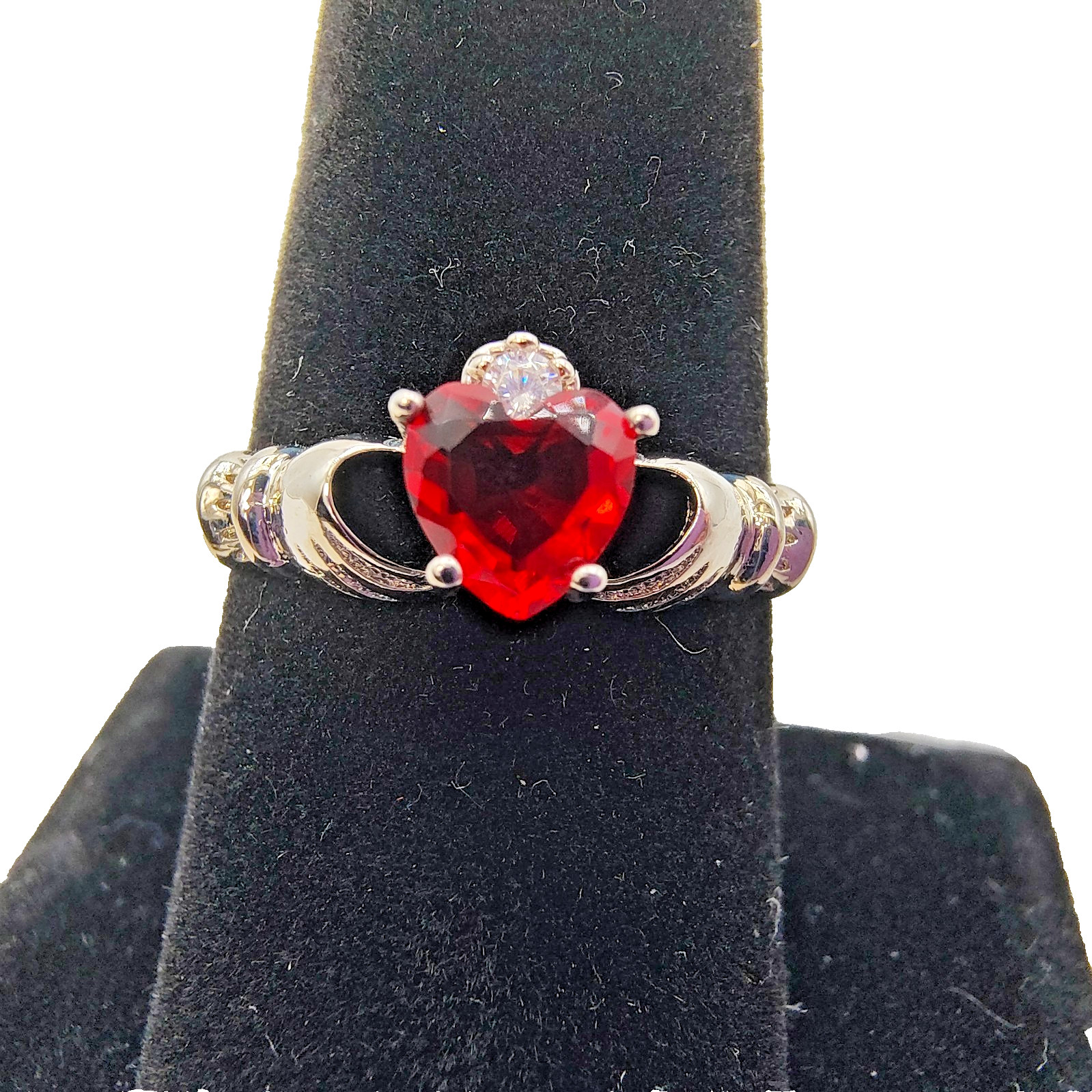 Claddagh Ring Irish Wedding Band Silver Plated Red CZ Sz 9 July Birthstone