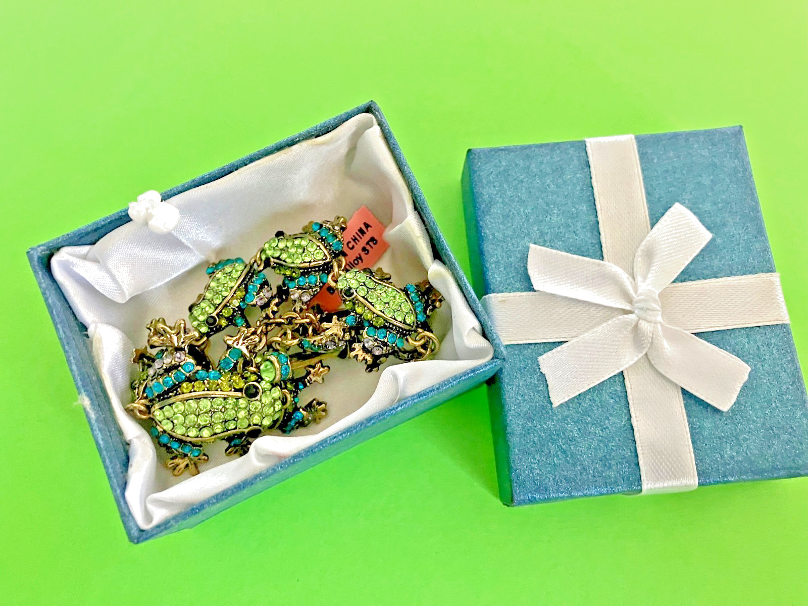 Gold tone Link Bracelet: Eight Green & Blue Pavé Rhinestone Frogs — NEW
