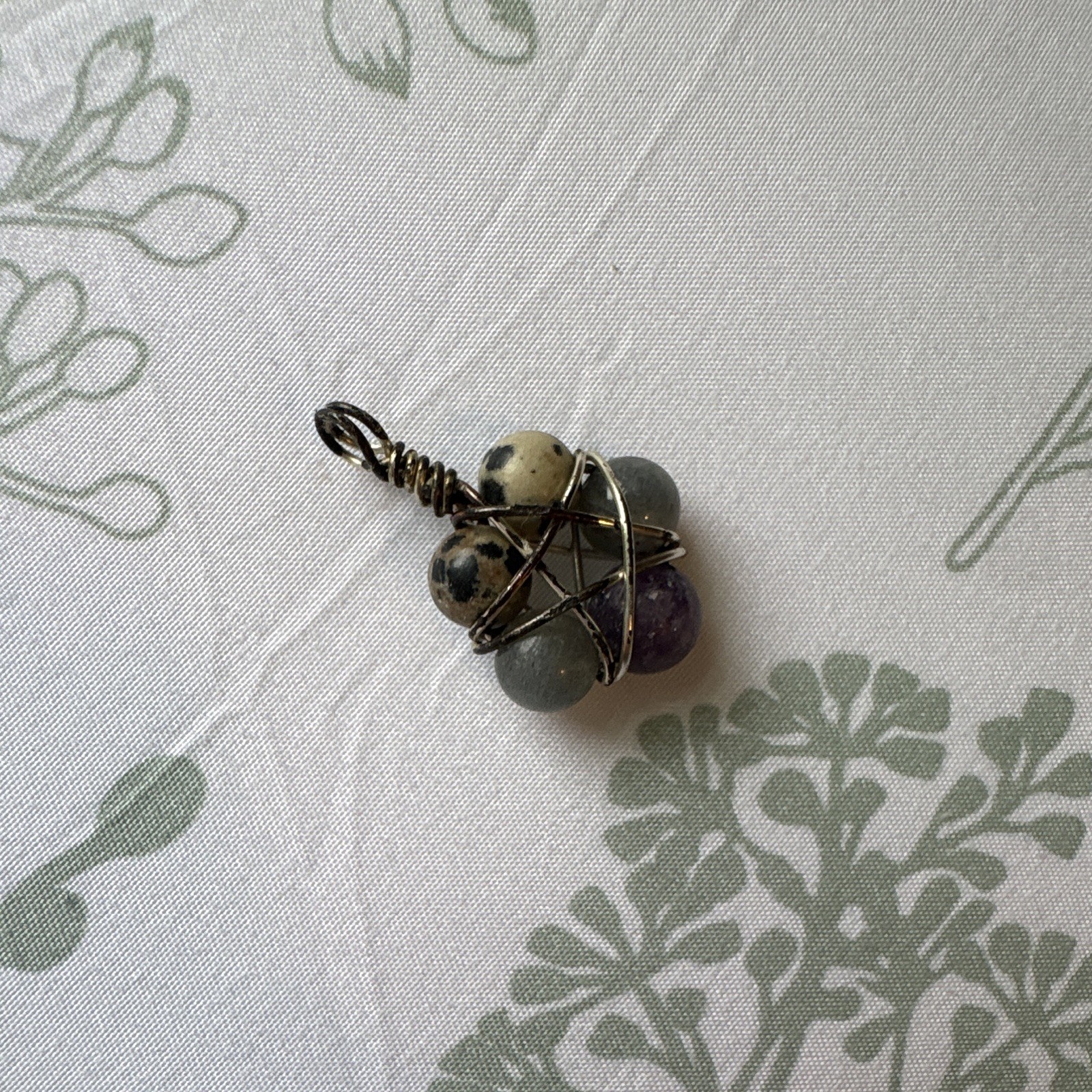 Wire Wrapped Round Amethyst Charm Pendant, Silver Tone Metal, Purple Stone