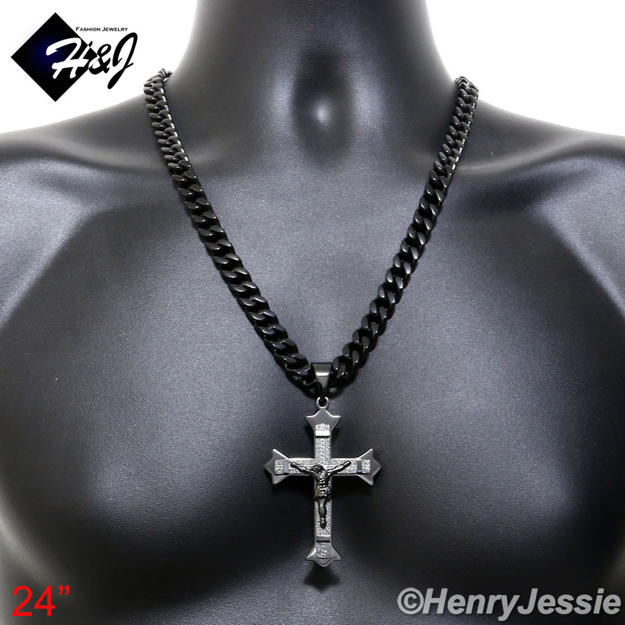 24″MEN Stainless Steel 11x5mm Black Plated Cuban Curb Necklace Cross Pendant*J28
