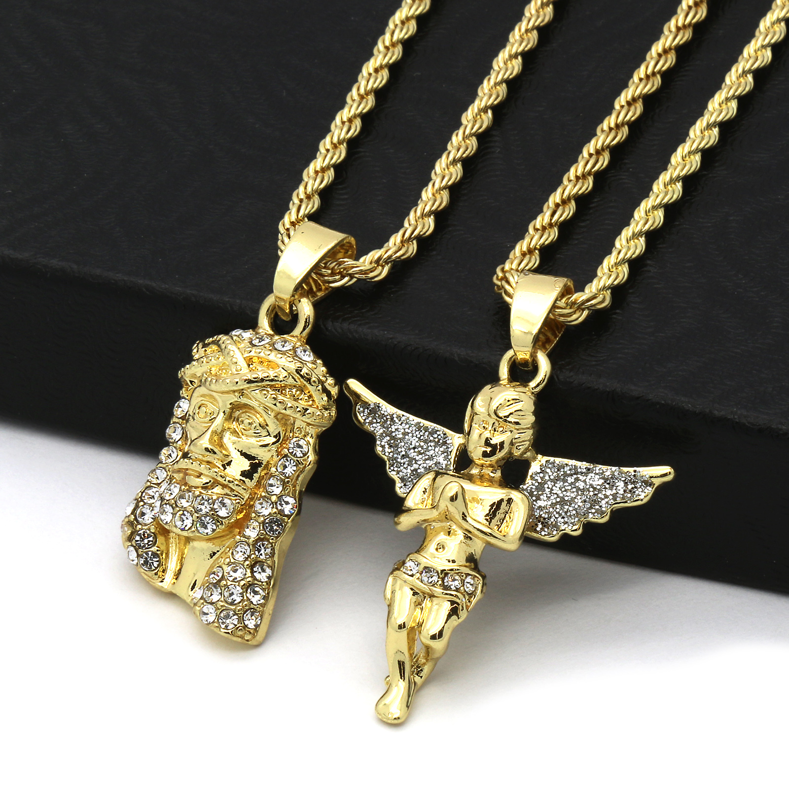 Men 14k Gold Plated Jesus & Angel Cubic-Zirconia 30″ & 24″ Rope chain 07