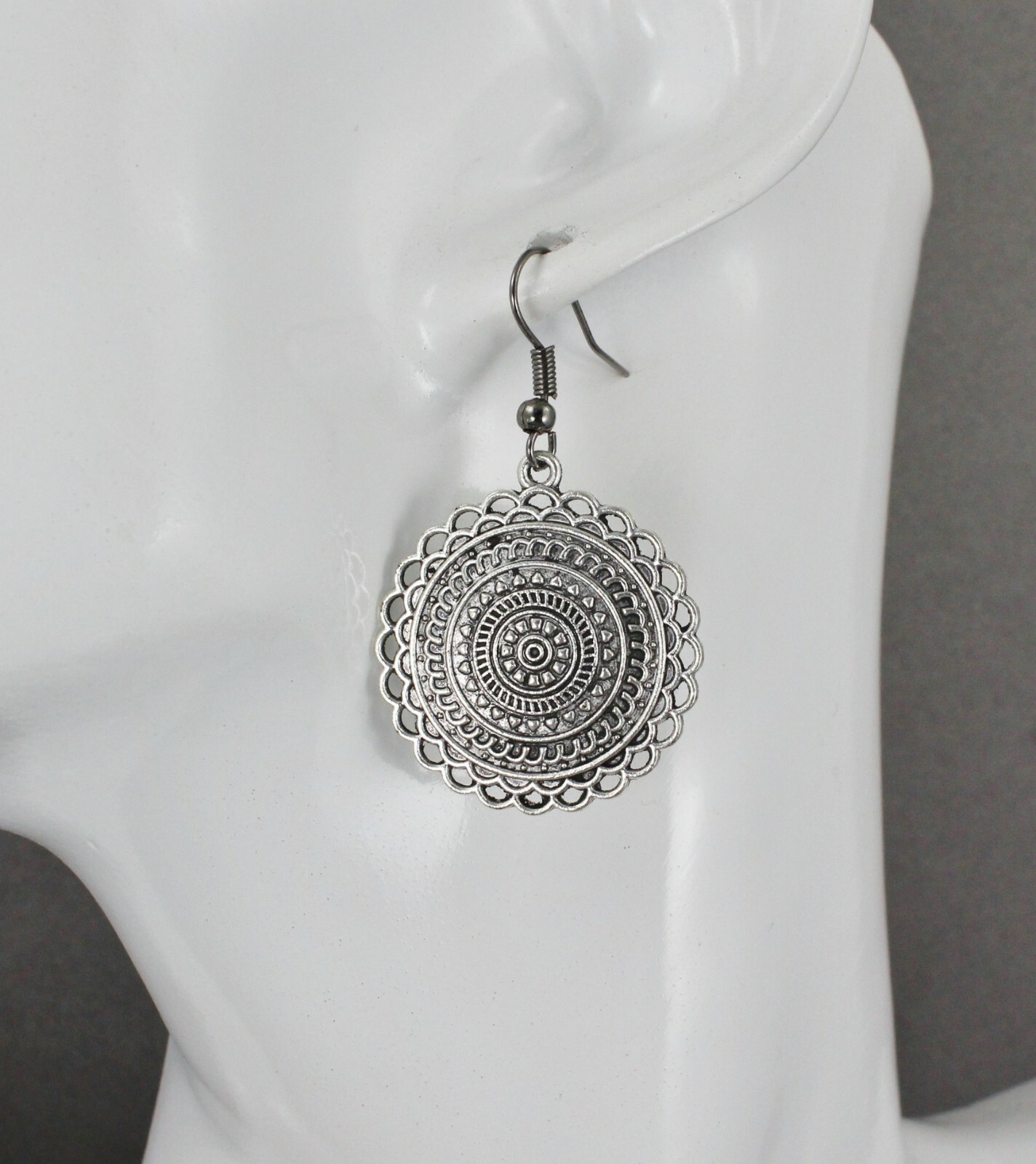 Silver stamped medallion dangle disc 1.75″ long earrings lightweight antiqued