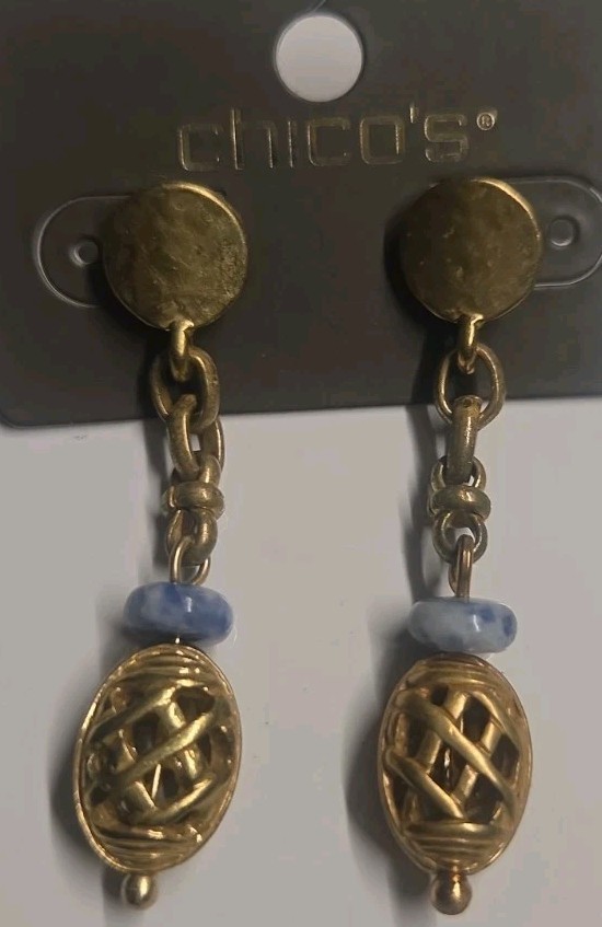 Chico’s Dangle Stud Earrings Gold Tone With Blue Stone