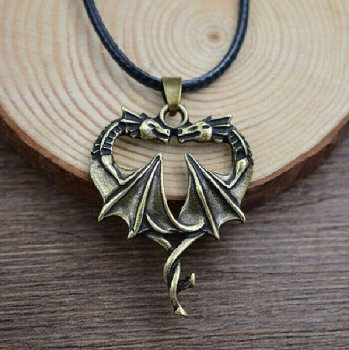 Bronze 1-1/2″ x 1-1/8″ DOUBLE DRAGON Pendant 18″ Black Cord Necklace (#48)