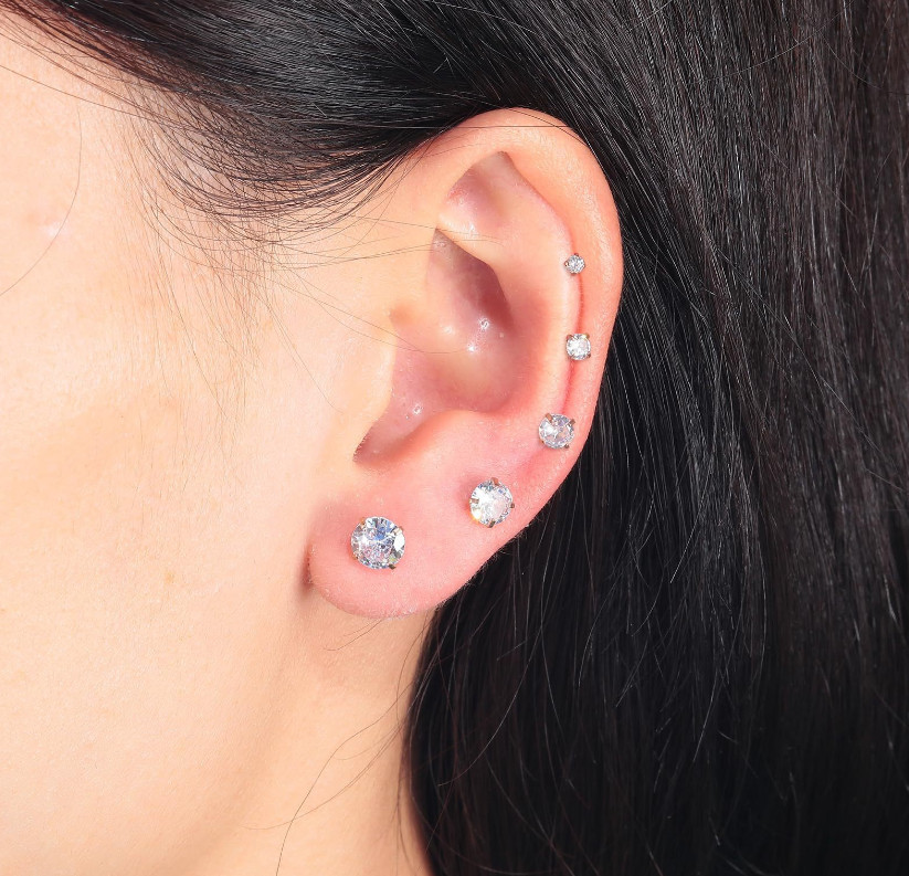 Rose Gold Prong Set CZ Stud Earrings Gem Centered Screw Back Surgical Steel
