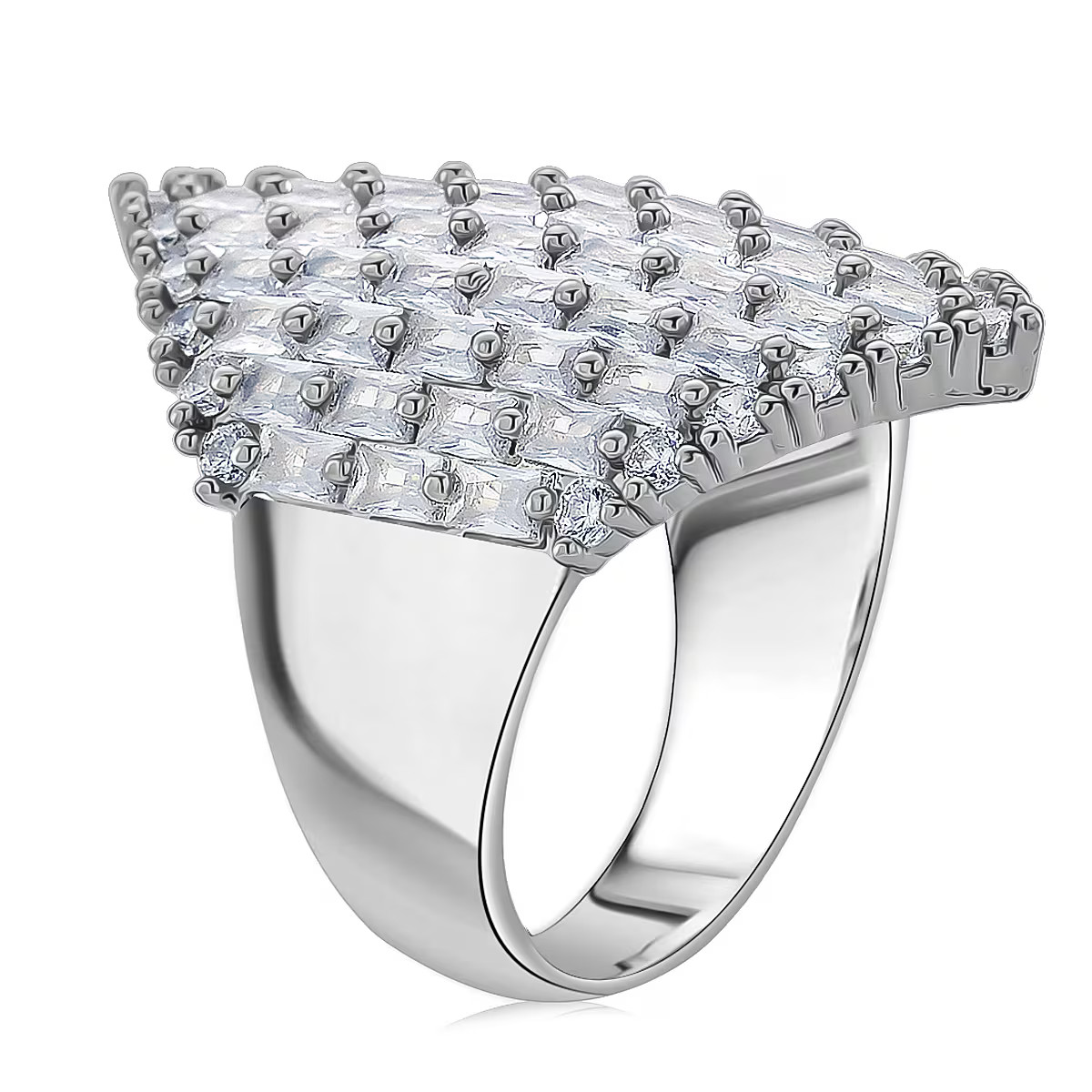 Simulated Diamond Statement Ring in Silvertone (Size 7.0)