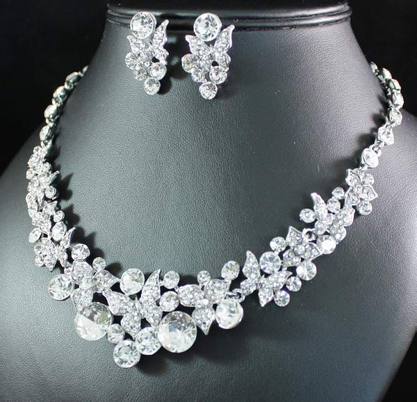BUTTERFLIES CLEAR AUSTRIAN RHINESTONE CRYSTAL NECKLACE EARRING SET BRIDAL N1625
