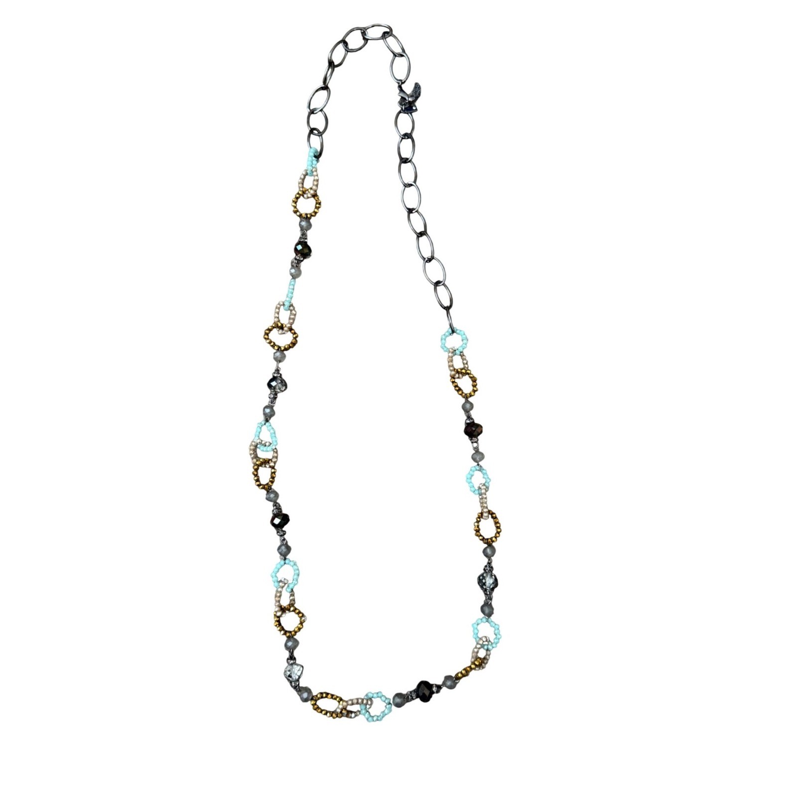 Vera Wang Simply Vera Beaded 36″ Long Necklace Gunmetal Turquoise Gold Tassel
