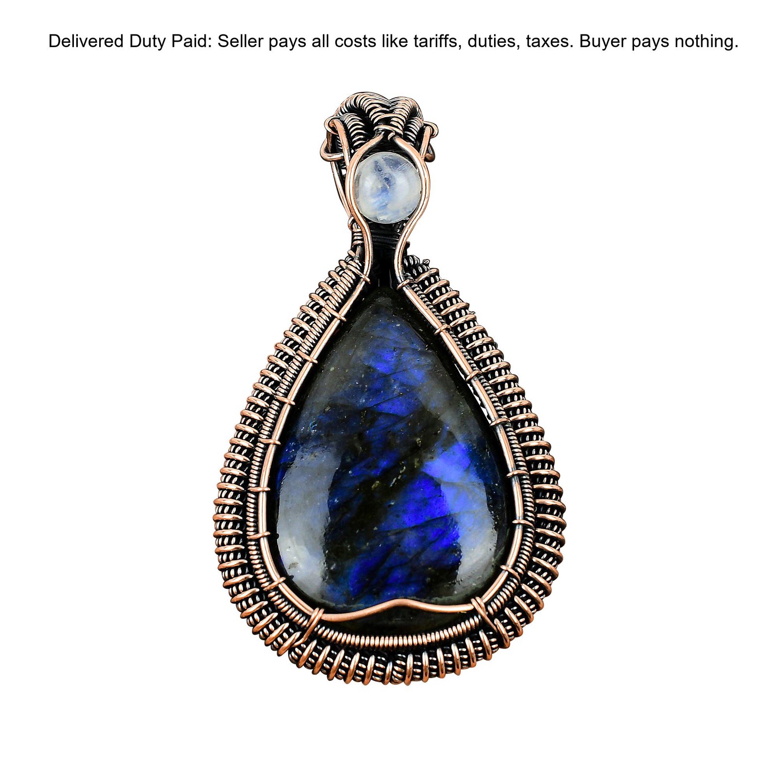 Copper Natural Labradorite Rainbow Moonstone Wire Wrapped Boho Pendant Jewelry
