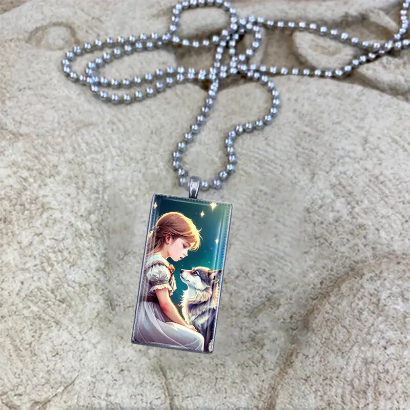 Creative Girl With Wolf Pattern Rectangular Pendant Necklace – Great Gift Idea