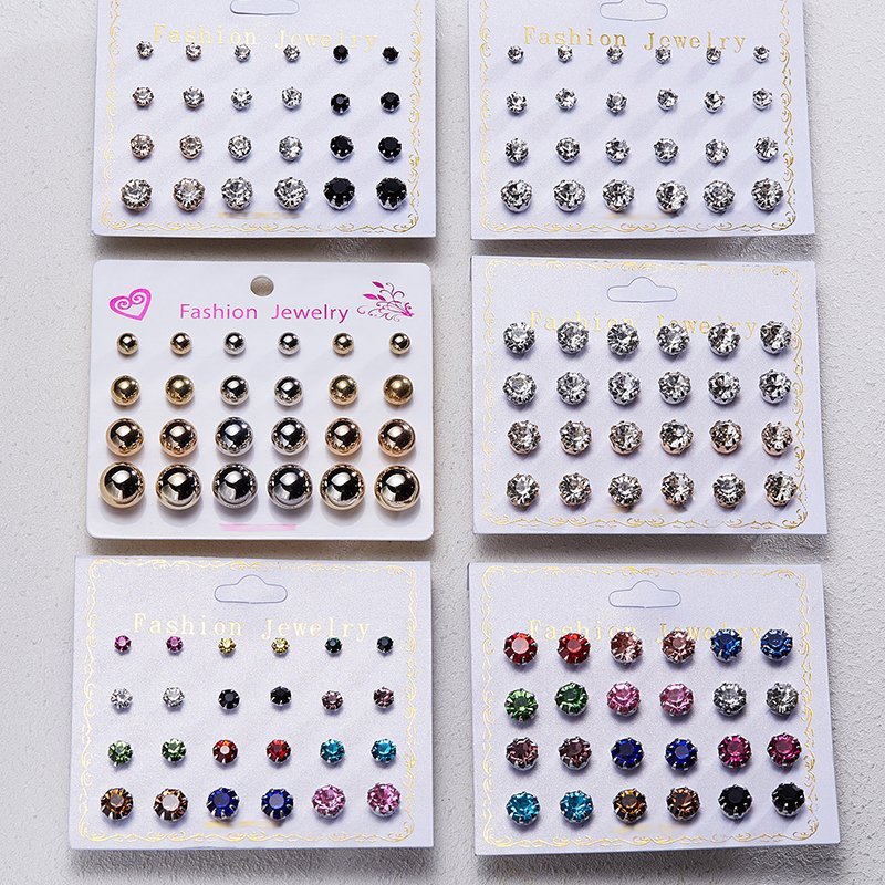 12Pairs/Set Cz Zircon Crystal Rhinestone Ear Stud Earrings Fashion Women Jewelry