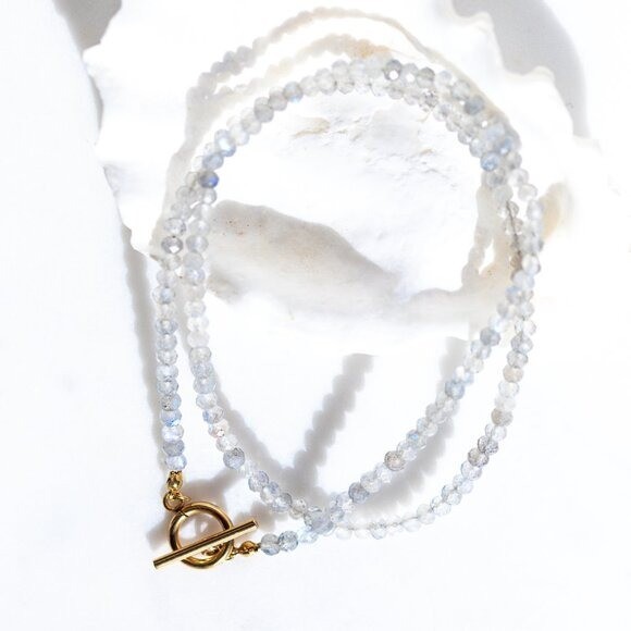 Labradorite Beaded Necklace Gold Toggle Clasp Waterproof Gold Gemstone Jewelry