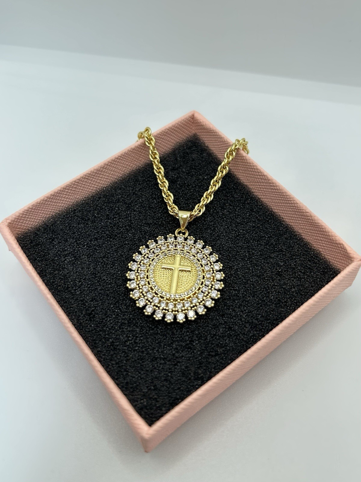 9ct GF Round Medallion Cross Pendant Necklace – 55cm (22”) 9K Gold Filled CZ