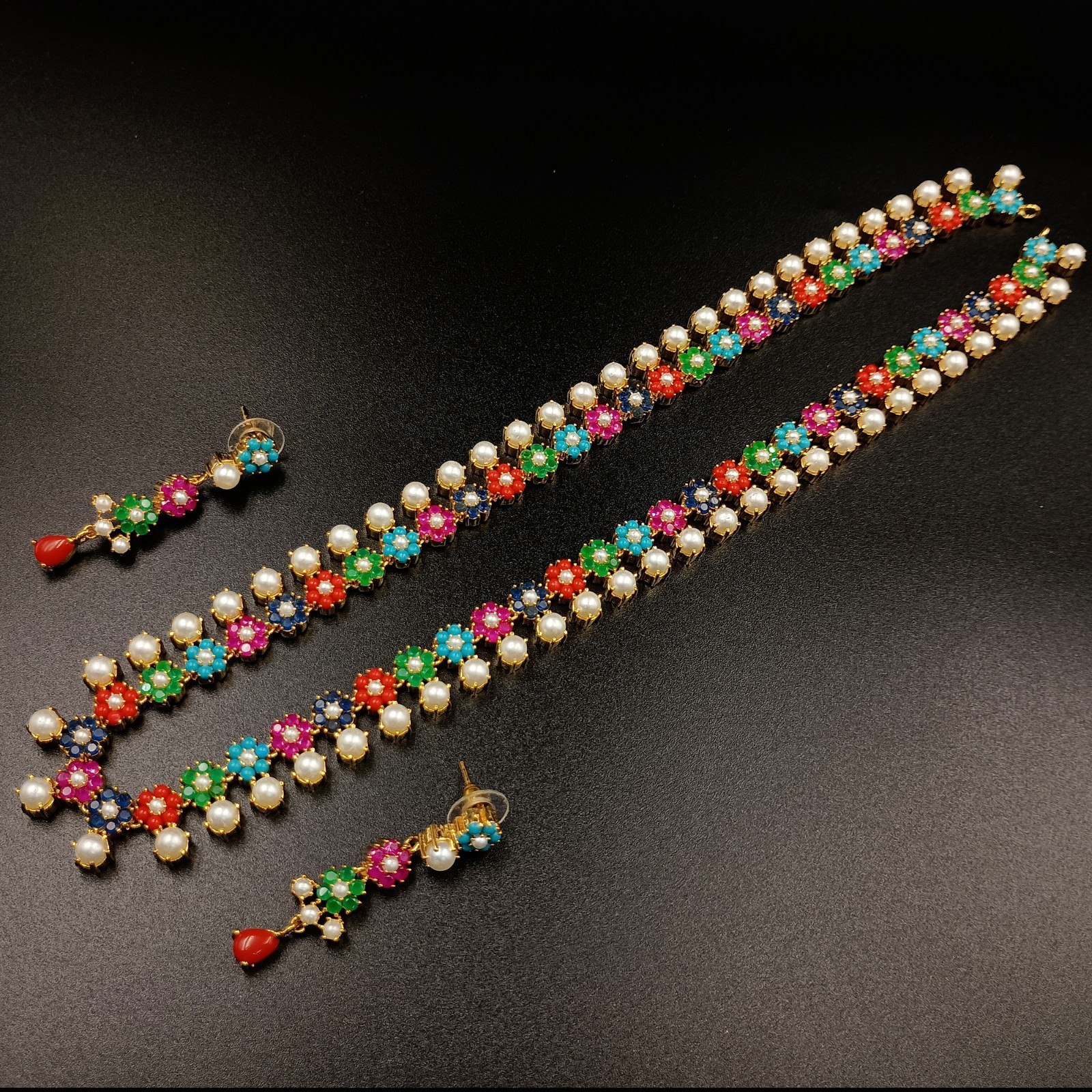 Long Navratan Necklace Set 22K Gold Plated Traditional Multi Gemstone Jewelry