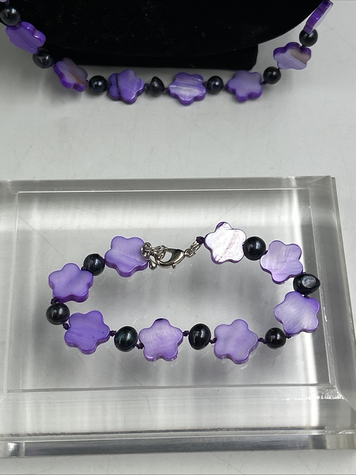 Boho Purple Flower Glass Bead Briolette Necklace 35 in And Bracelet