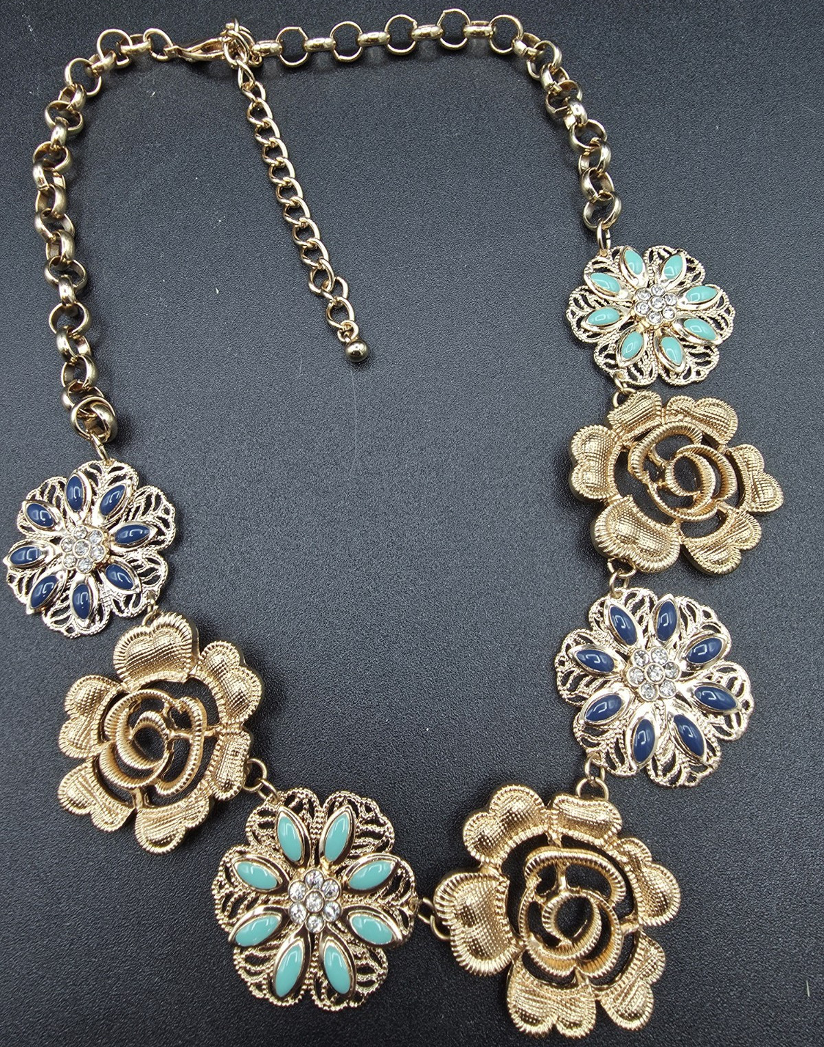 Gold Tone Flower Charm Necklace Blue Turquoise | Adjustable Chain