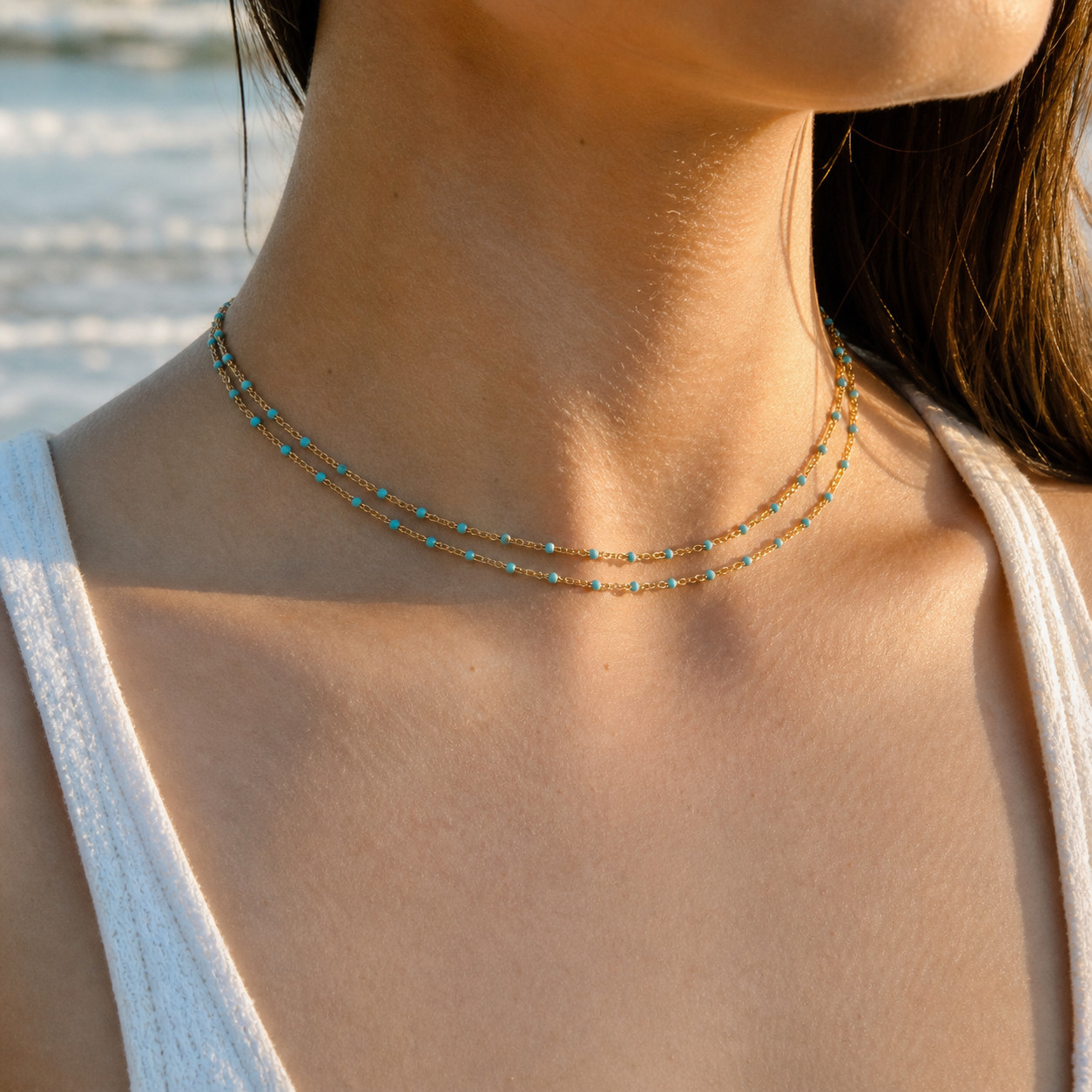 Turquoise Beaded Double Strand Necklace Gold Layered Choker 16–18″