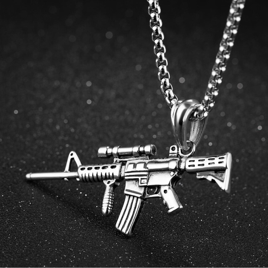 Silver Army AK47 Machine Gun Stainless Steel Pendant Necklace, Second Amendment